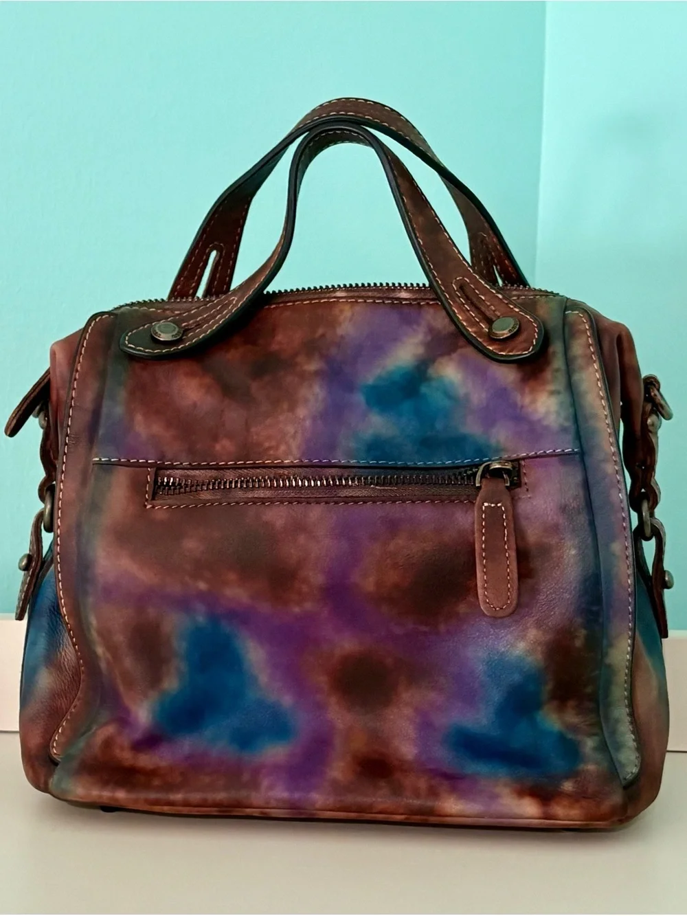 Tie-Dye Leather Satchel Bag in Purple, Blue & Brown